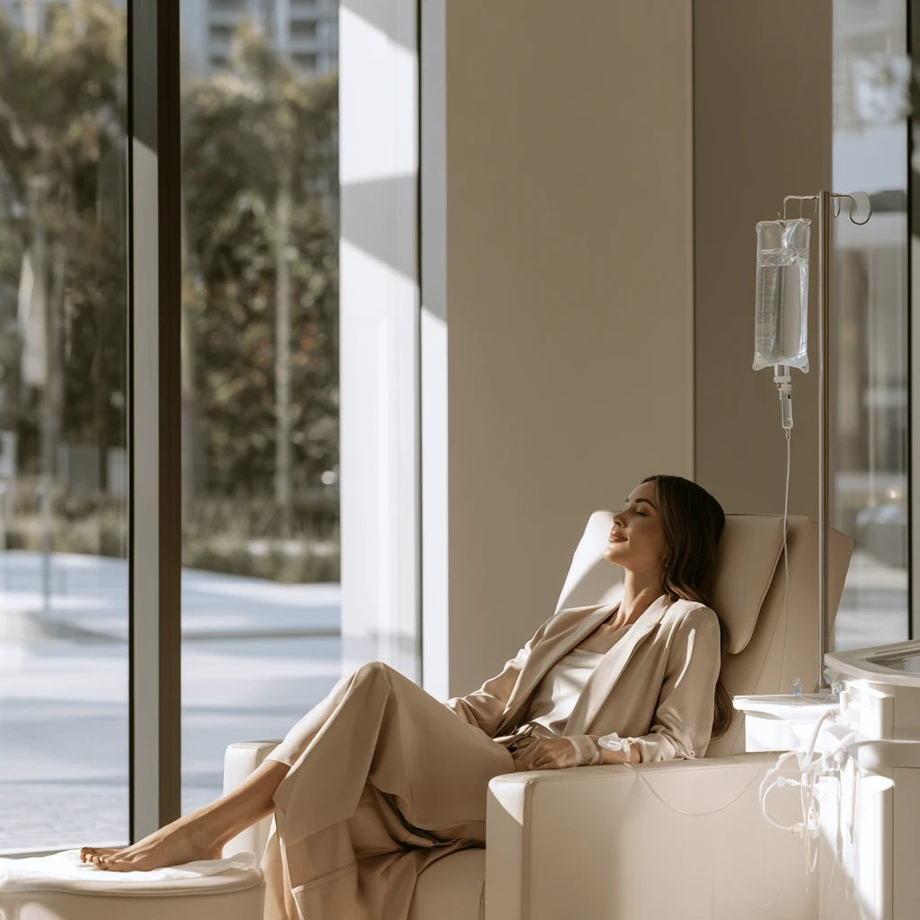 Client relaxing during an IV therapy appointment